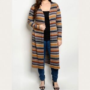 Nikki striped rib duster cardigan plus size. Earthy tones, pink. Light weight.